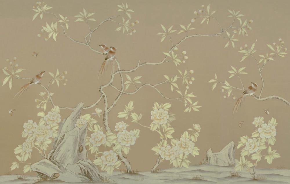 Hand-painted wallcovering on natural silk by Radius
