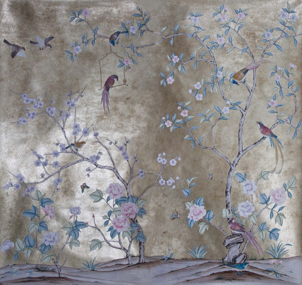Hand-painted wallcovering on natural silk by Radius