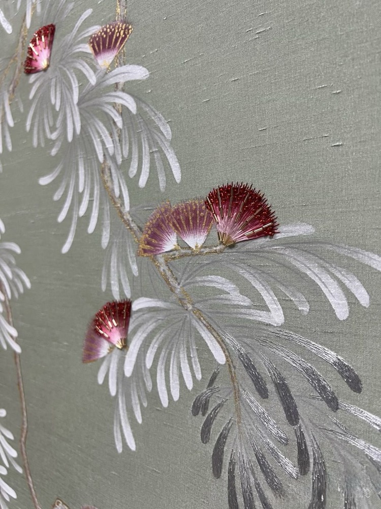 Hand-painted wallcovering on natural silk by Radius