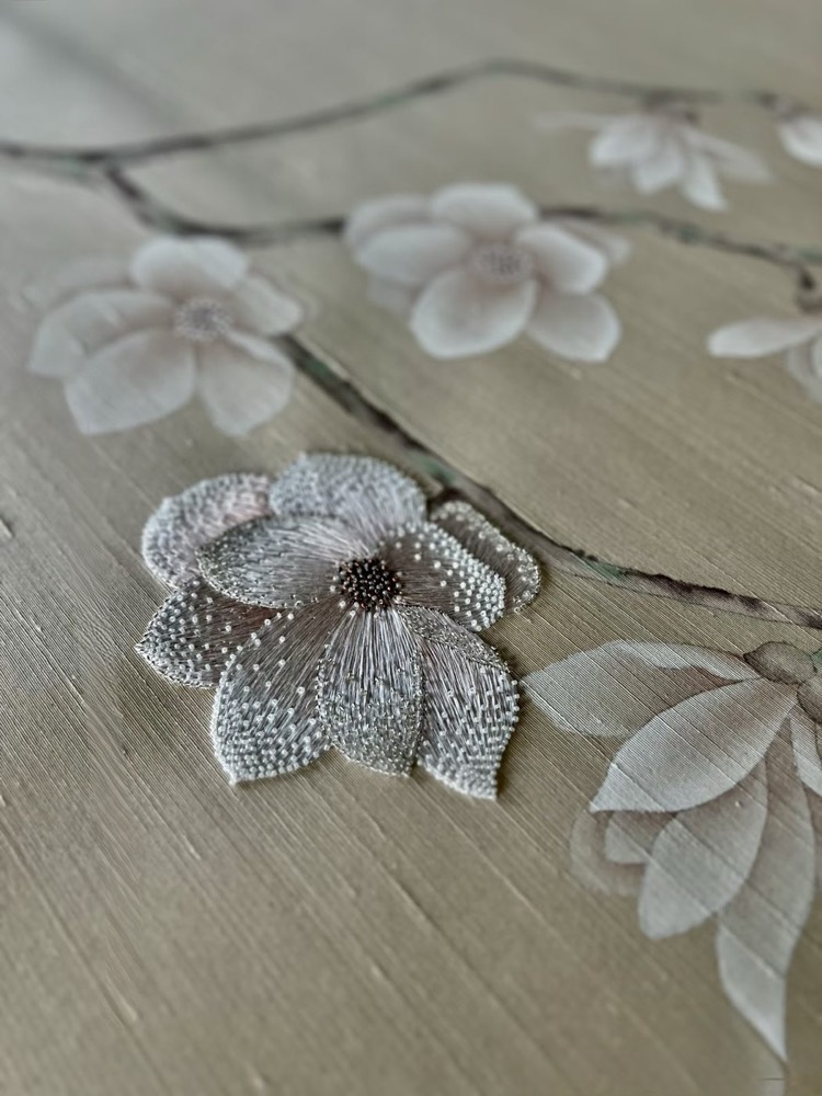 Hand-painted wallcovering on natural silk by Radius