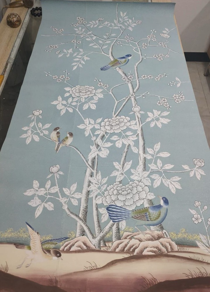 Hand-painted wallcovering on natural silk by Radius
