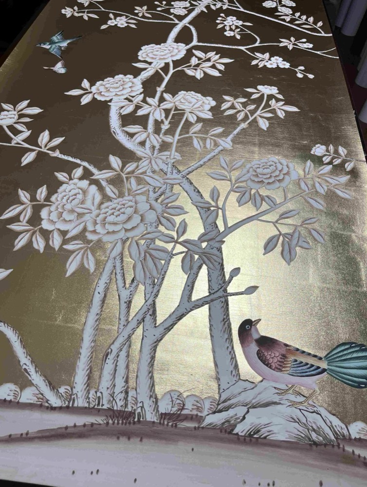 Hand-painted wallcovering on natural silk by Radius